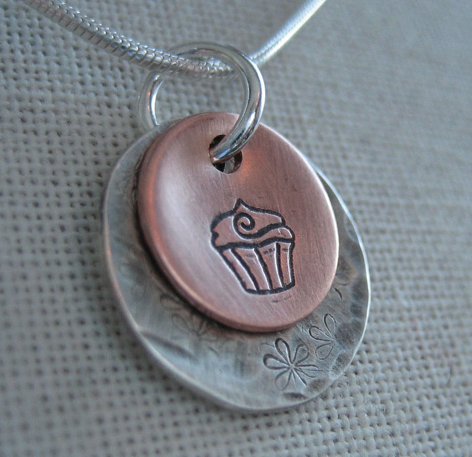 Two charm Cupcake hand stamped custom necklace - layered - Large Silver, Small Copper charms