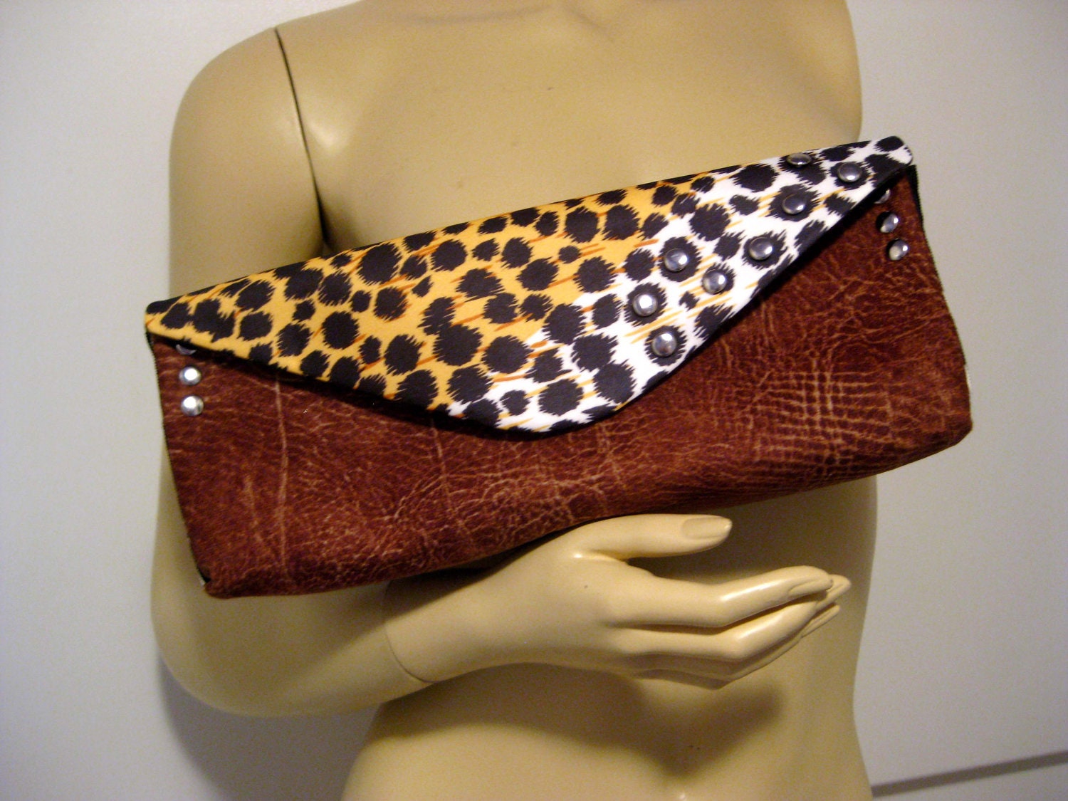 Upcycled Triple Animal Print Clutch with Silver Rivet Accents