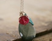 Moss Aquamarine briolette verdigris leaf quartz sterling silver charm necklace