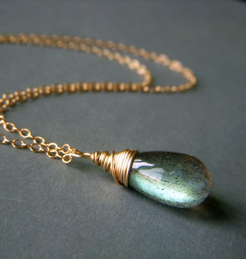 Labradorite Briolette Necklace on Goldfill . Simple Luminous Wirewrapped Minimalist Gemstone Pendant . Electric Storm