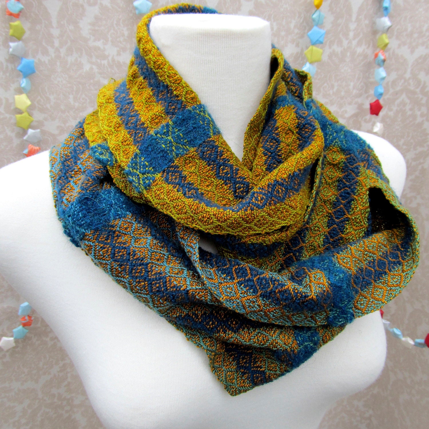 Turquoise to Green Stripes with Aqua Infinity Handwoven Scarf With Necklace