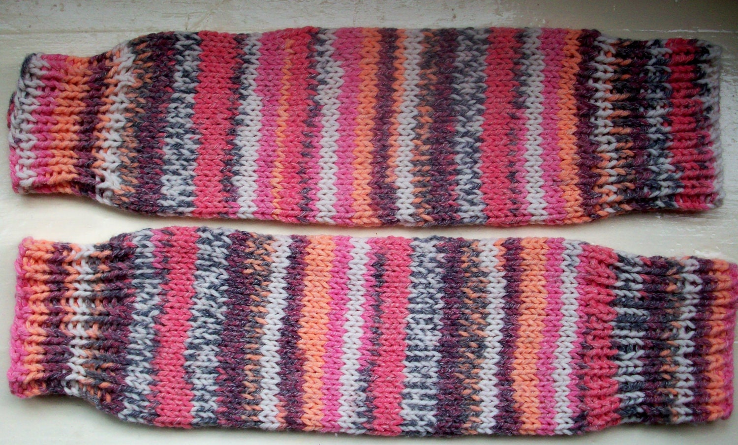 Chunky warm leg warmers multi striped Fair Isle effect knit wool cotton mix pink peach
