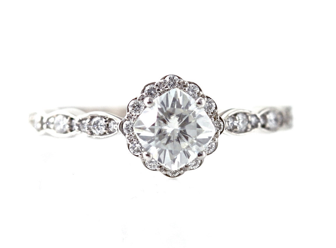 Palladium Moissanite Diamond Halo Engagement Ring Cushion Cut Conflict Free Forever Brilliant Moissanite Ring