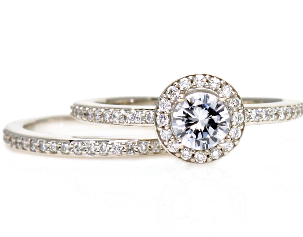 14K White Sapphire Engagement Ring and Wedding Band Set Diamond Halo White Yellow Rose Gold Bridal Jewelry
