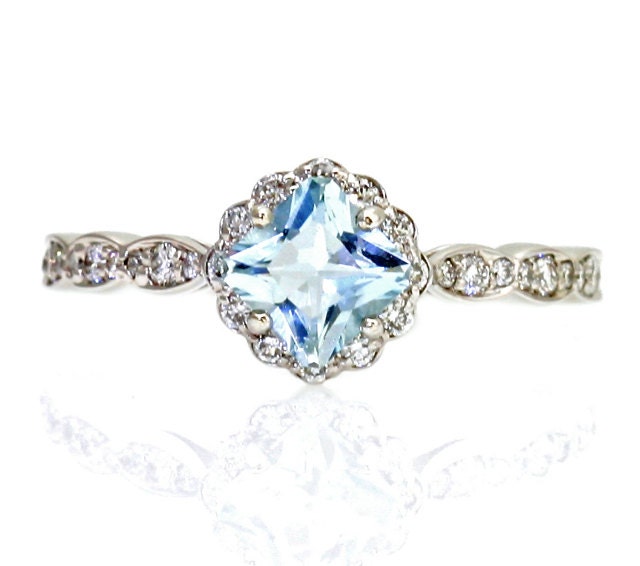 14K Asscher Aquamarine Diamond Engagement Ring Aquamarine Ring Custom Bridal Jewelry