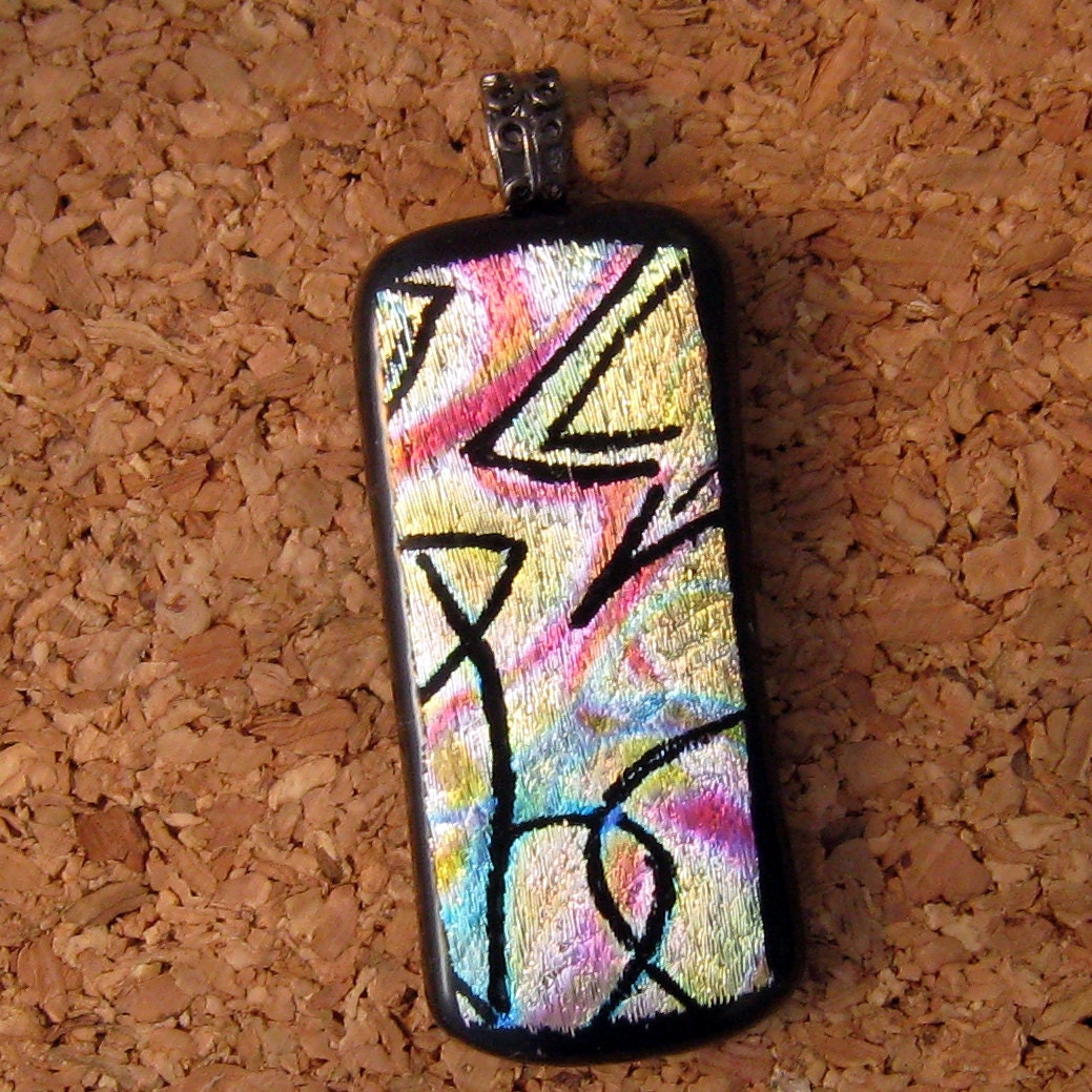 Dichroic Hand Etched Pendant, Rainbow Dichroic Pendant, Fused Glass Jewelry, Abstract Pendant