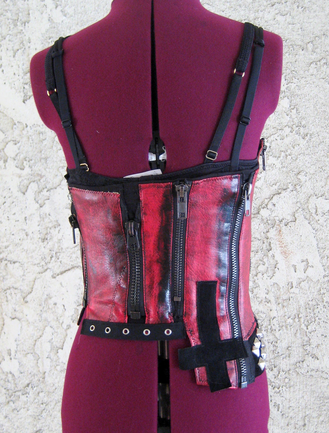 Distressed Vinyl Zippers Strapless Top with Pyramid Studs