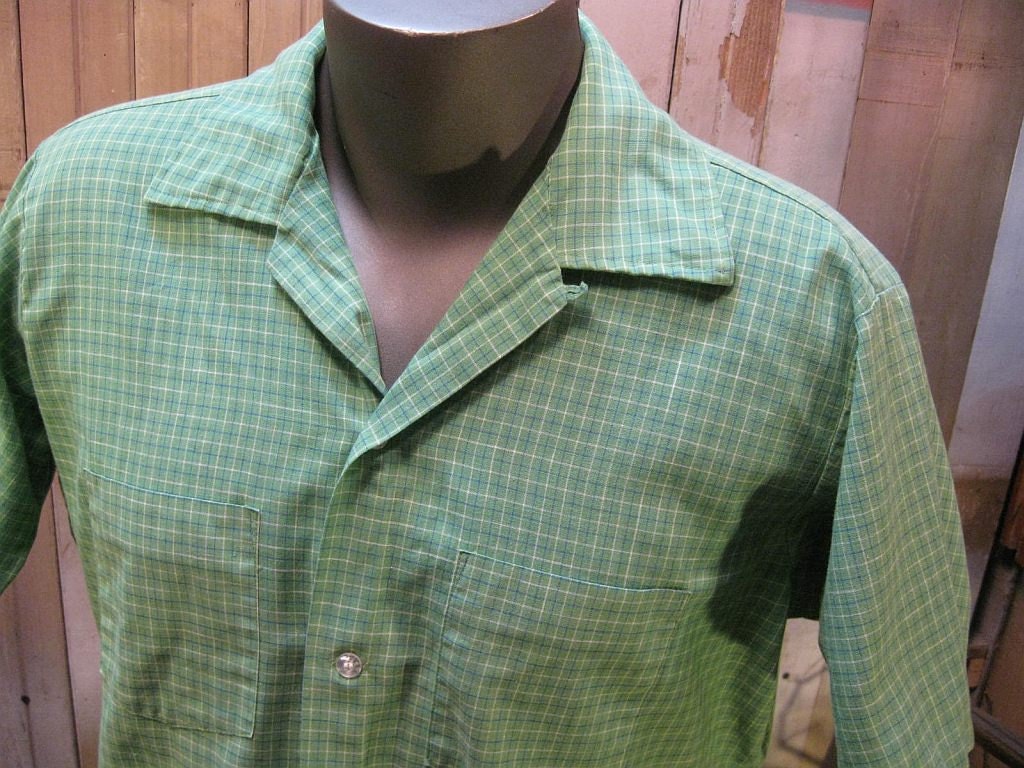 Arrow 60s vintage shirt men's Green Check  button loop cotton short sleeve M L