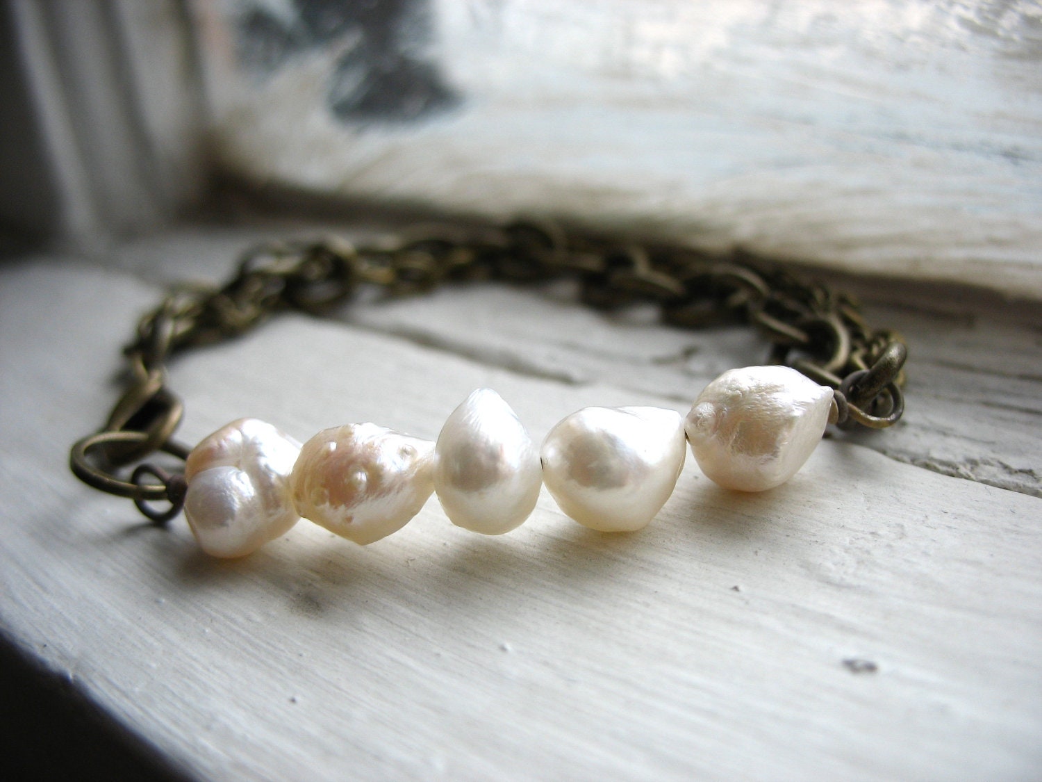 Pearl Bracelet, White Freshwater Pearl Bracelet, Handmade Artisan Bracelet Chain Jewelry, FREE Shipping