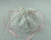 Jewellery Drawstring Pouch,   White Satin and Scalloped Lace Handmade