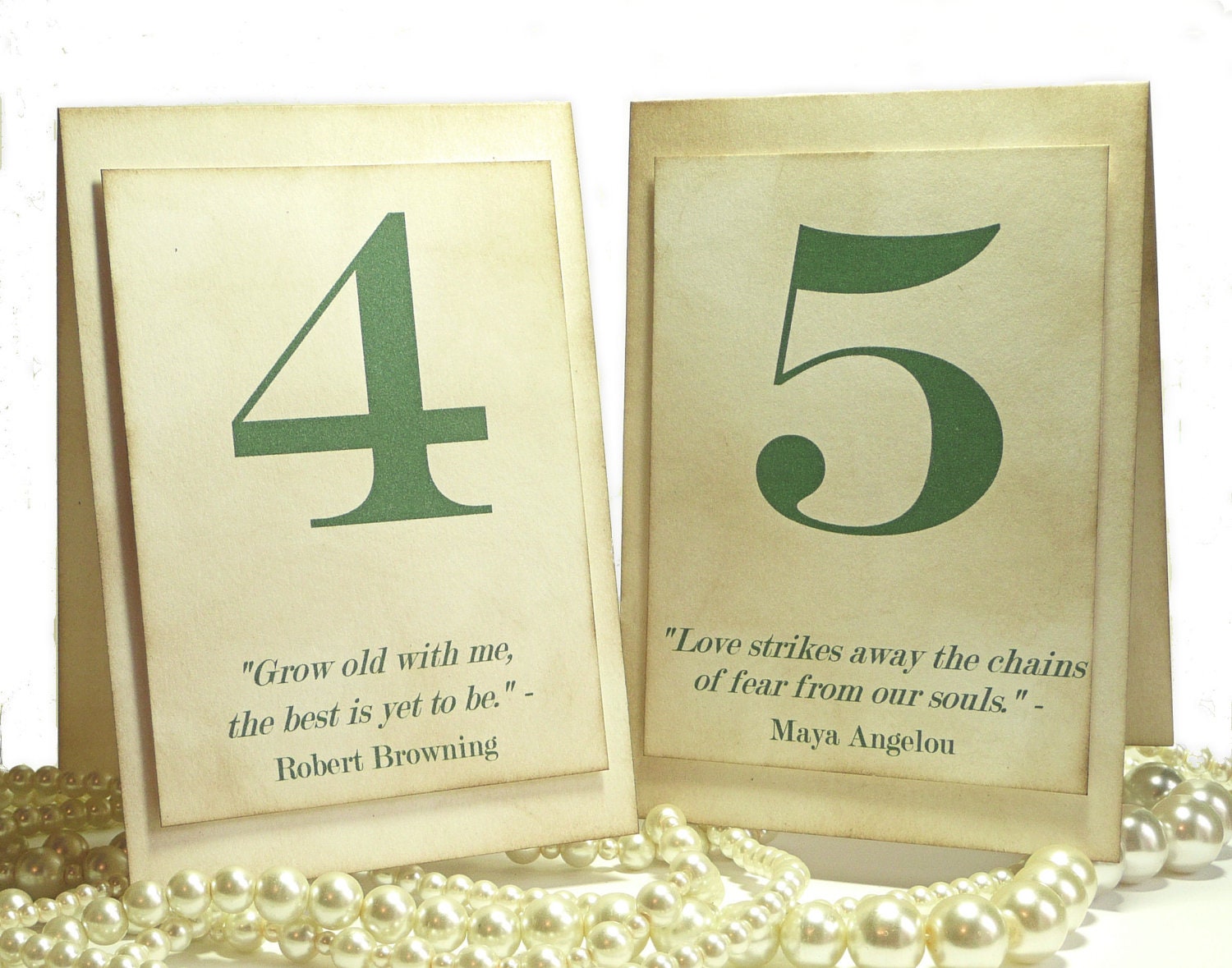 Wedding Table Numbers Quotes - Green TENTED - Vintage - UKHandmade - Your choice of Font Color - amaretto