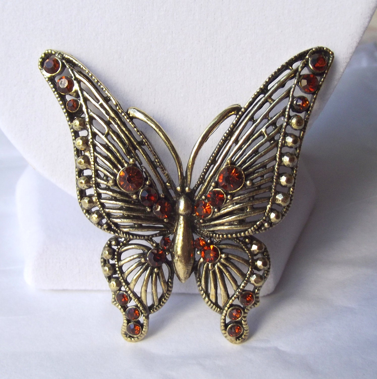 Vintage Butterfly Brooch Pin, Gold tone Rhinestones Amber, Detailed, Collectible,1960s, Costume Jewelry
