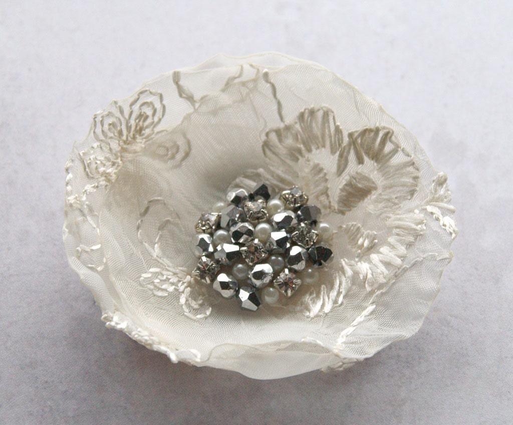 Ivory bridal flower - vintage style organza flower with rhinestones - brooch or bobby pin