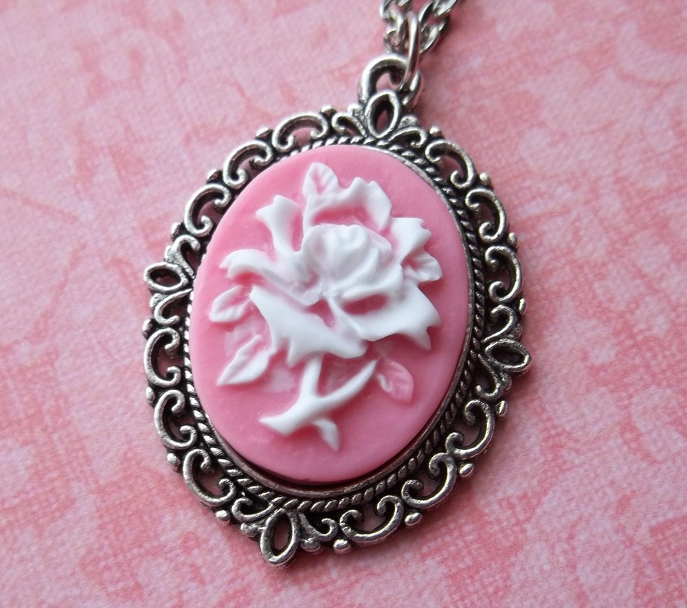 White and Pink Rose Cameo Necklace