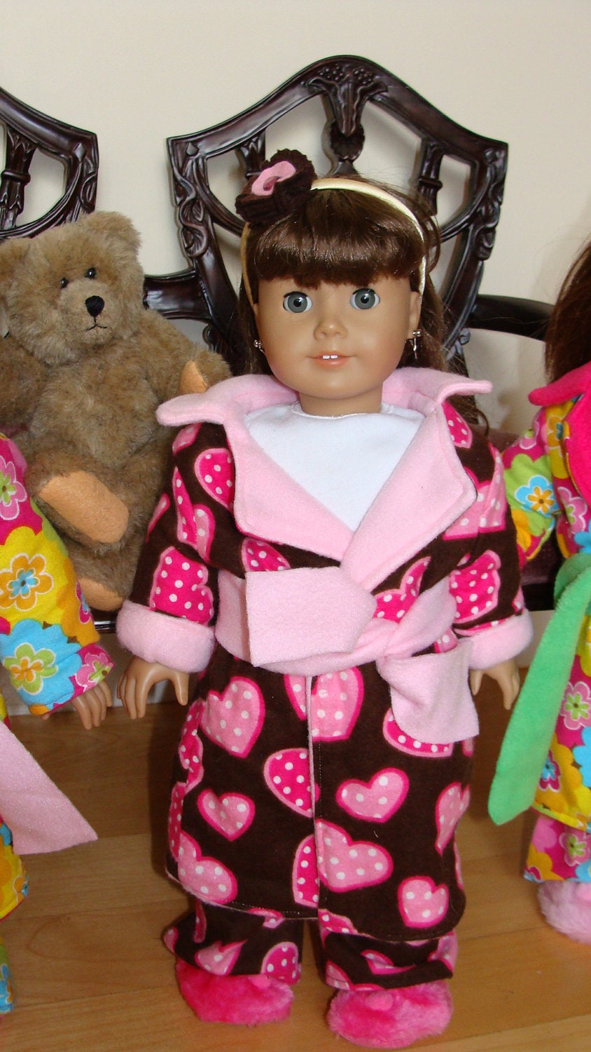 American Girl Doll, 18 inch doll, Hot Pink, Brown Hearts Flannel Robe with Pink Micro Fleece Linned by Sweet Pea Kidz & FREE SHIPPING