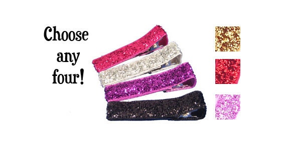 4 Glitter Hair Clips - Fuschia, Silver, Purple, Black, Gold, Red,Pink Glitter Ribbon - Choose any FOUR