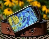 The Marcia Belt - Rich Blue and Lime Green Buckle with Brown Leather Belt