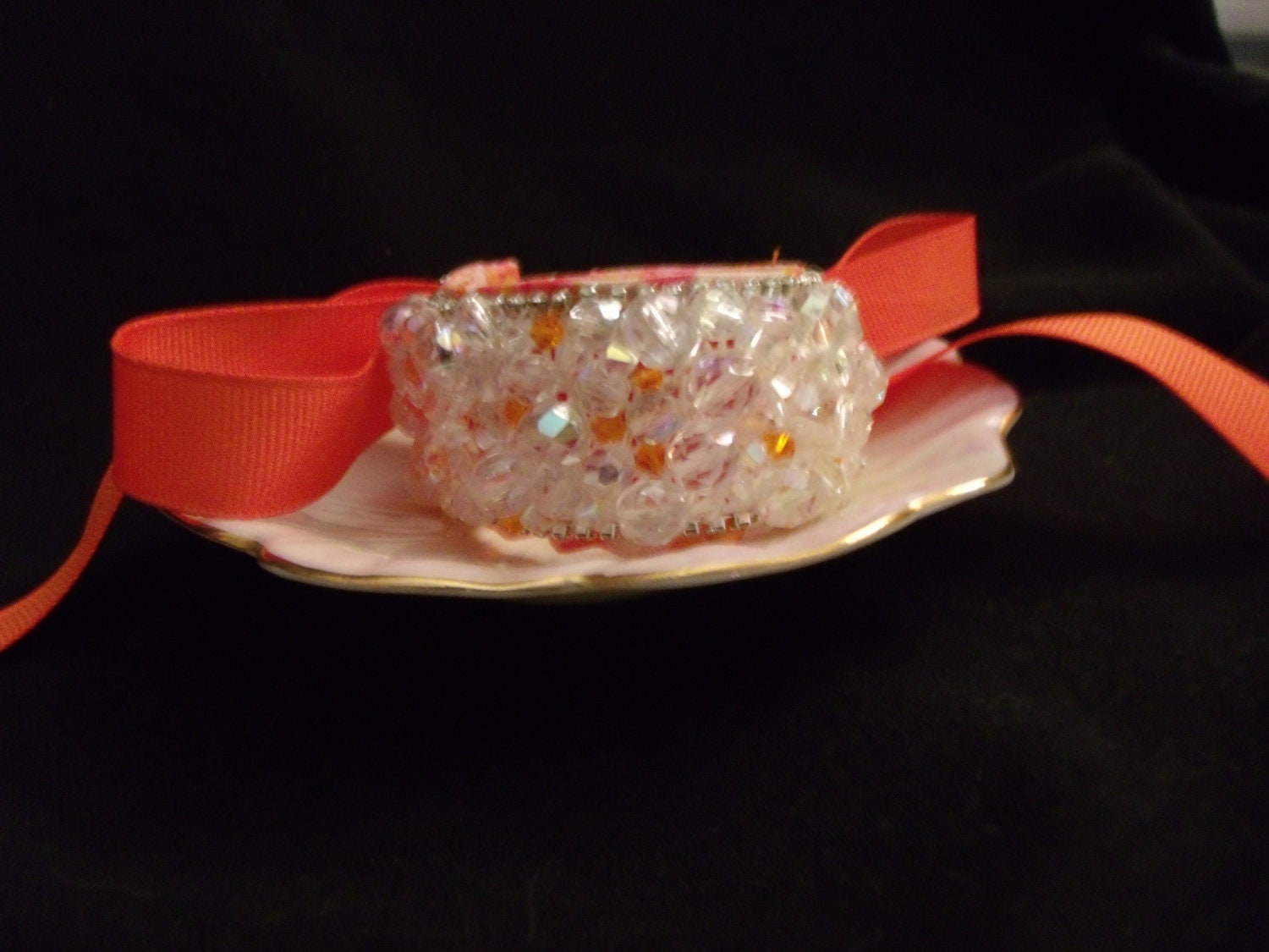 Hand Beaded Crystal Bracelet Cuff Clear Crystals Orange Ribbon Wedding Bride Bridal Special Event