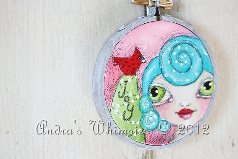 Cotton Candy Christmas OOAK Mini Painting Ornament Aqua Pink Red Lime Green Cardinal Holidays