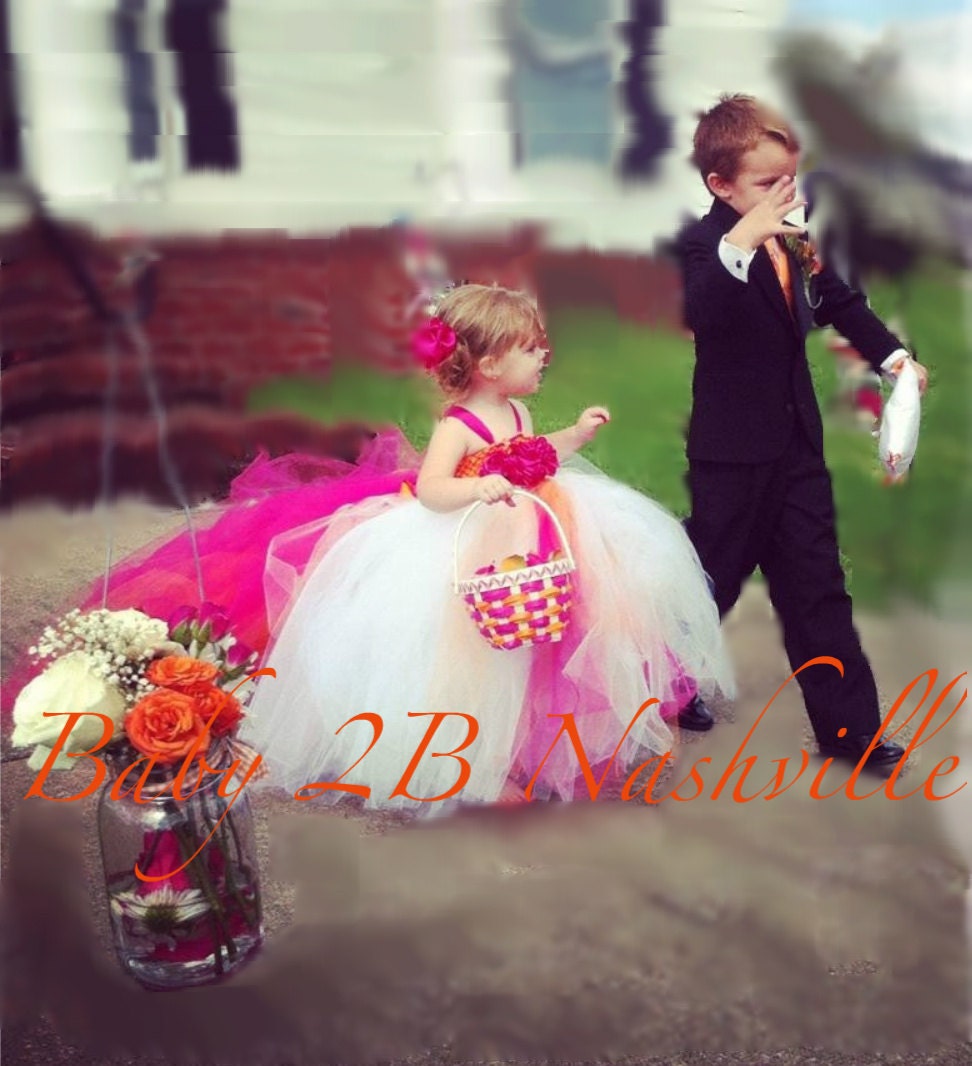 Wedding Flower Girl Tutu Dress in White and Hot Pink Toddler 2-4T with Detachable Train