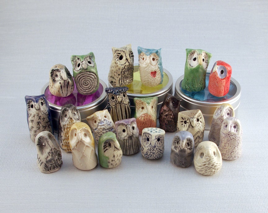 Miniature Ceramic Owls, Two Surprise Owls in a Metal Tin