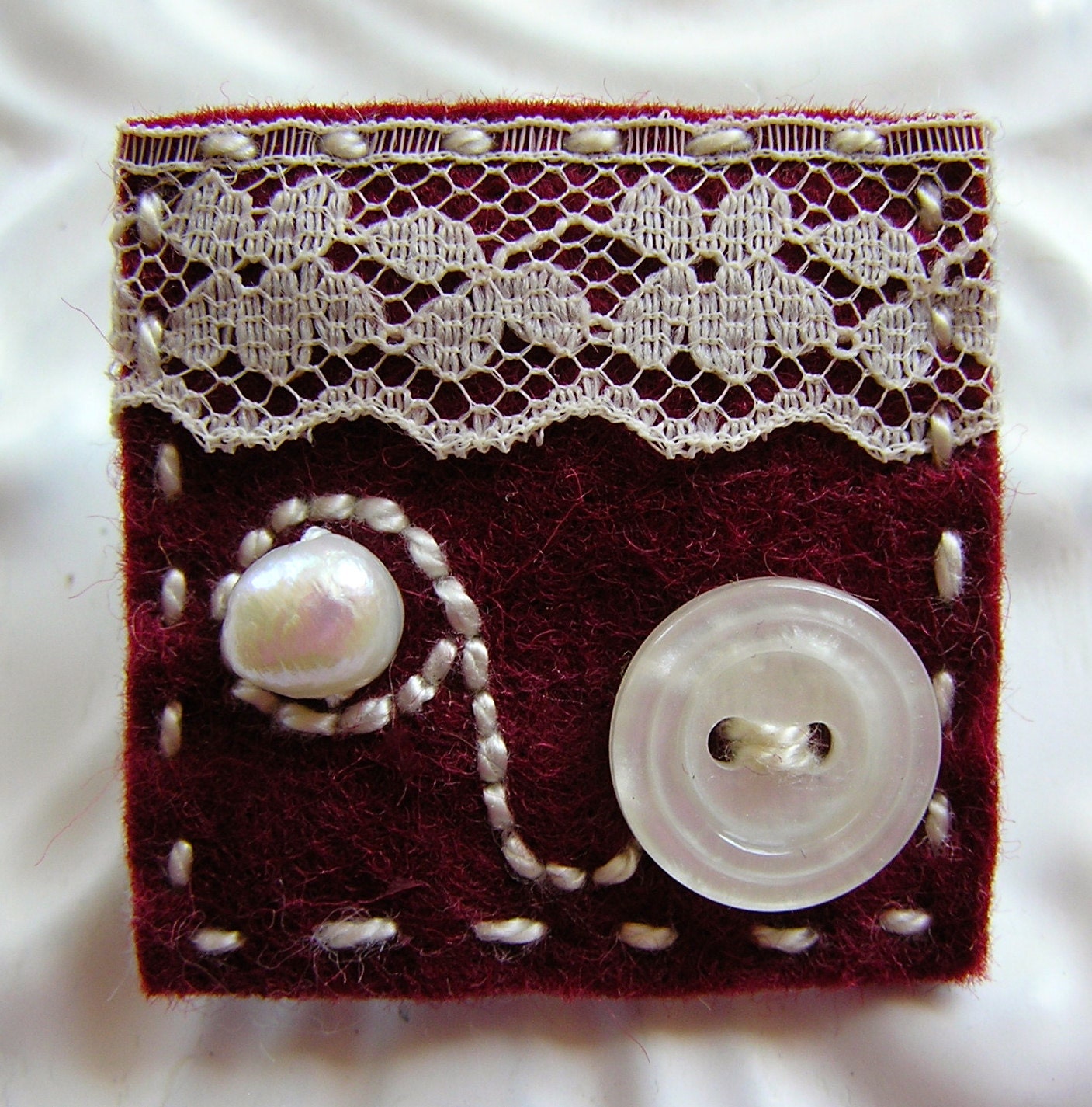 Embroidered Felt Pin - Marian Embroidered Felt Pearl and Lace Square Pin Brooch