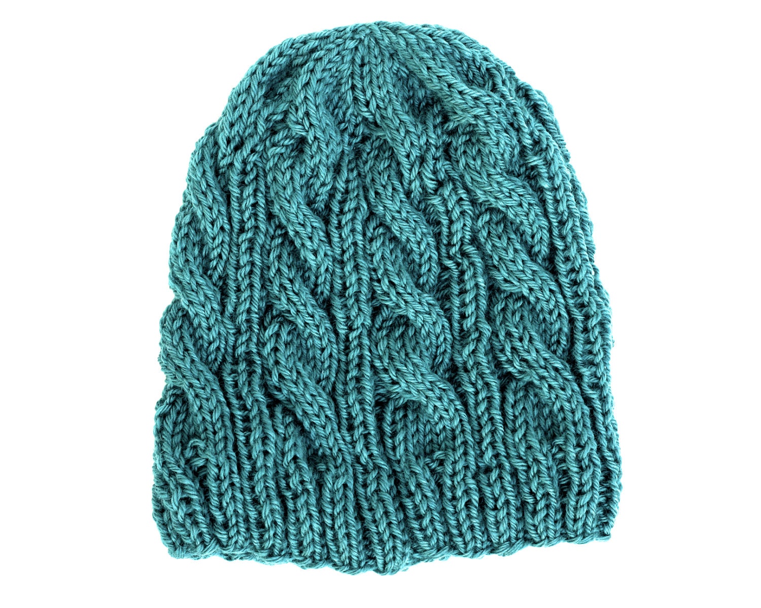 Hand Knit Cable Beanie Woman Hat - Bamboo Wool Blend Yarn - Teal Blue