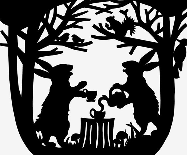 Hare and Rabbit's Nutty Tea Party - Black and White Hand Cut Paper Silhouette Rabbit Pours Tea While Squirrel Hunts Acorn Acorns