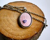 Heart Pendant Embroidered Purple Heart on Pink Silk