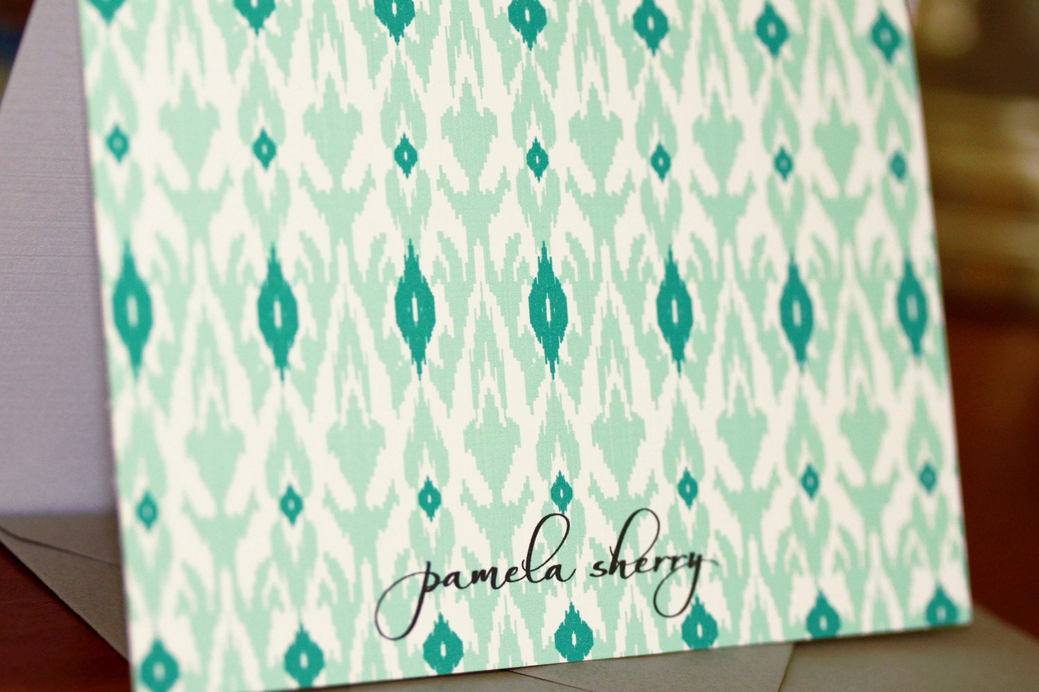 mint and emerald ikat personalized stationery / folded notecards - set (10)