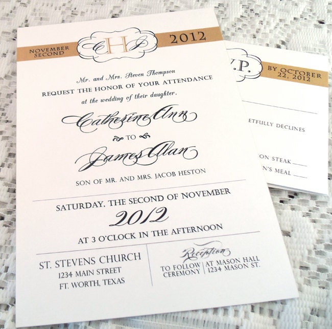 Modern Monogram Wedding Invitations  - Calligraphy Script - Formal Invitations and rsvp cards - Sample
