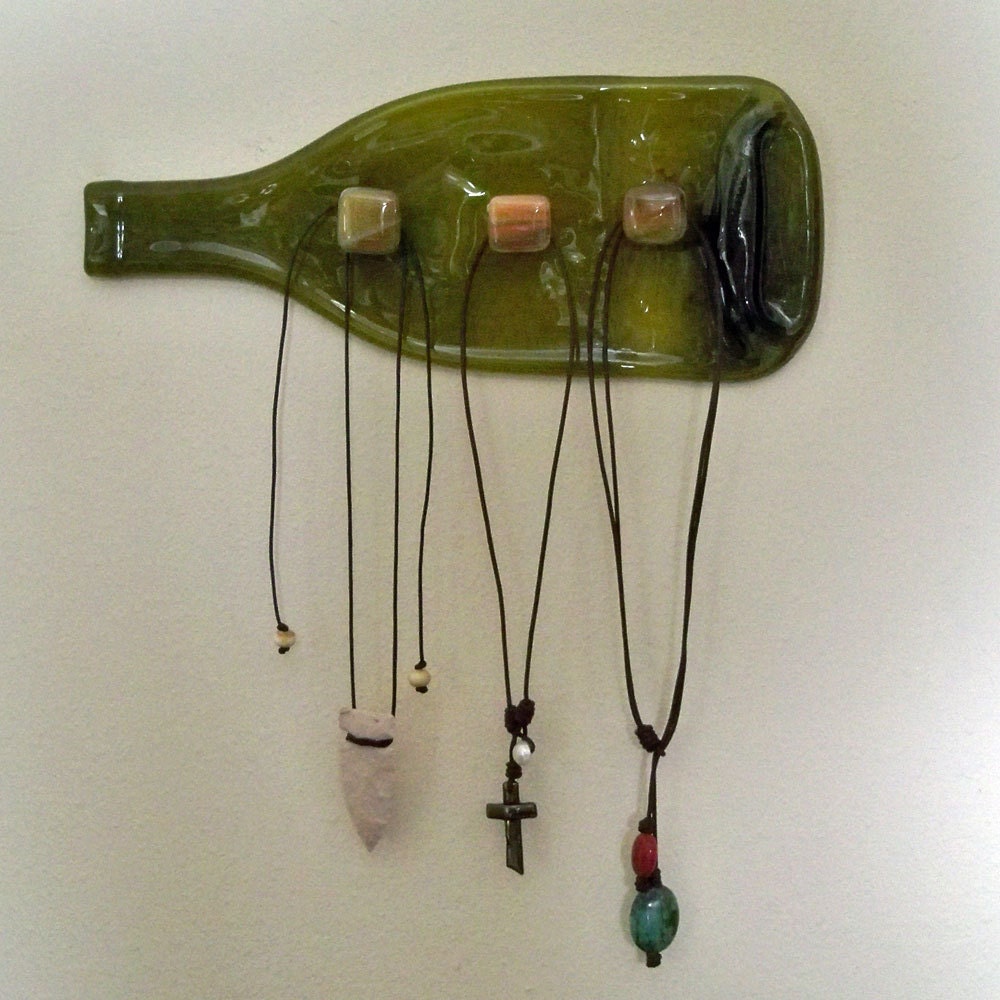 Recycled Wine Bottle and Fused Glass Knob Wall Hanging Rack