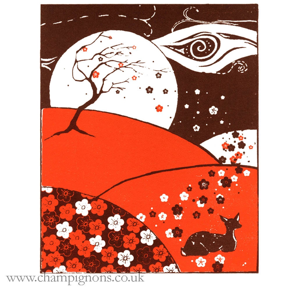 A little print of a sleeping deer in spring (with added plum blossom)