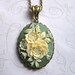 Cameo Necklace - sage green - long chain - vintage style - flower bouquet