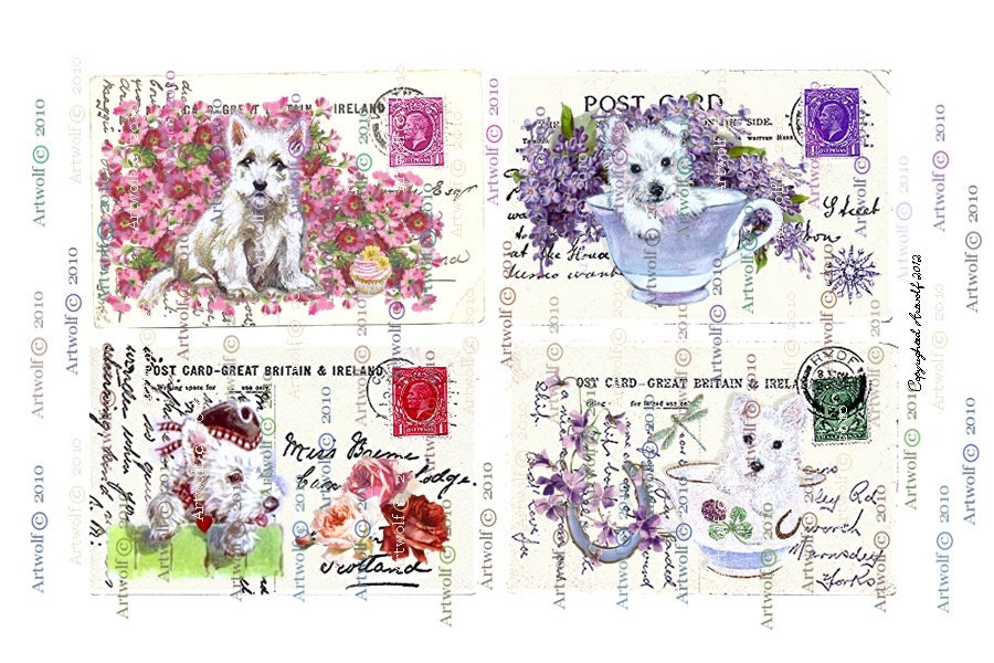 BIRTHDAY DIGITAL WESTIES  Download Dogs Puppies Printable Vintage Postcard Papercrafts Scrapbooking Cardmaking