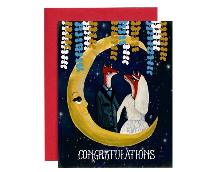Congratulations - Wedding Foxes in a Moon Card