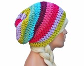 Rainbow Colorful Beanie - Crochet Slouch- Ultimate Slacker Striped Beanie Hat