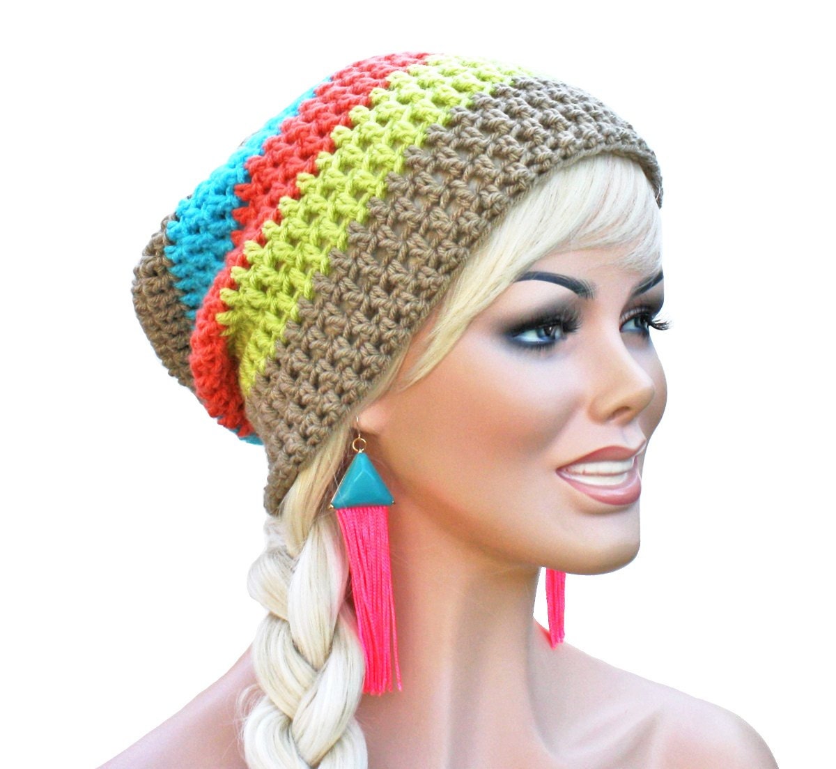 Neon and Beige Crochet Slouch Beanie- Ultimate Slacker Striped Beanie Hat