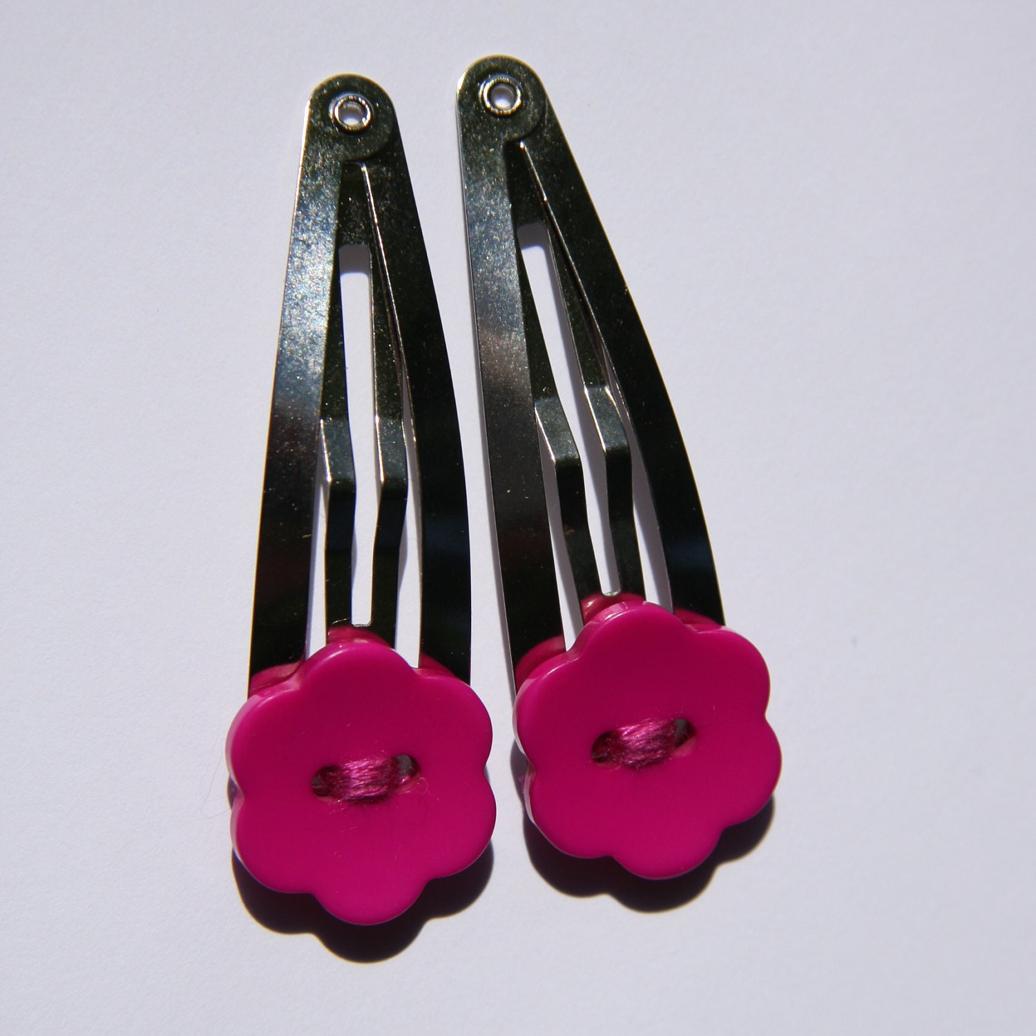 Hot pink flower buttton hair clips - set of 2
