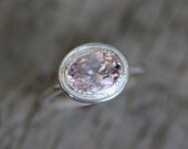 Recycled Sterling and Morganite Oval Halo Ring, Vintage Inspired Milgrain Detail, Made To Order