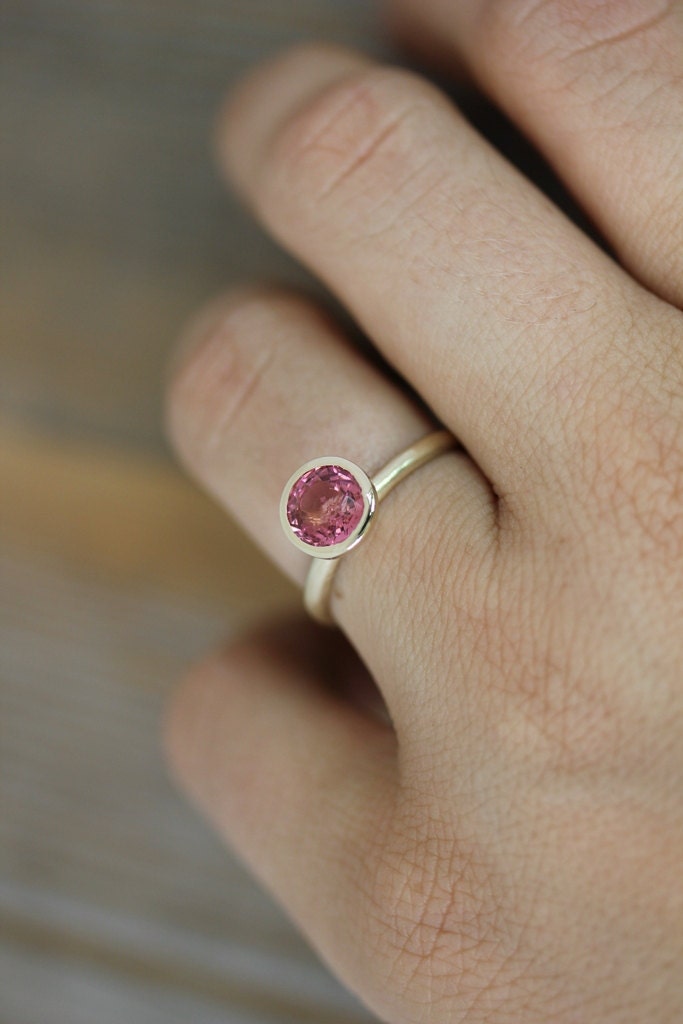 Bubble Gum Pink Tourmaline and 14k Yellow Gold Ring, Open Bezel Solitaire Design, Size 8 One of a Kind Ring