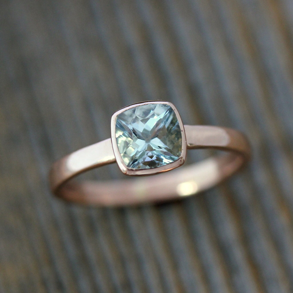 Aquamarine Cushion Gemstone OCEAN Blue in Recycled 14k Rose Gold, Custom Made Engagement or Right Hand Ring