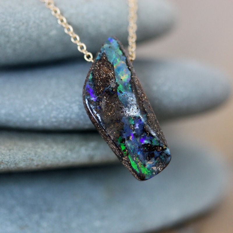 Ready To Ship Australian Boulder Opal in Solid 14k Yellow Gold Necklace