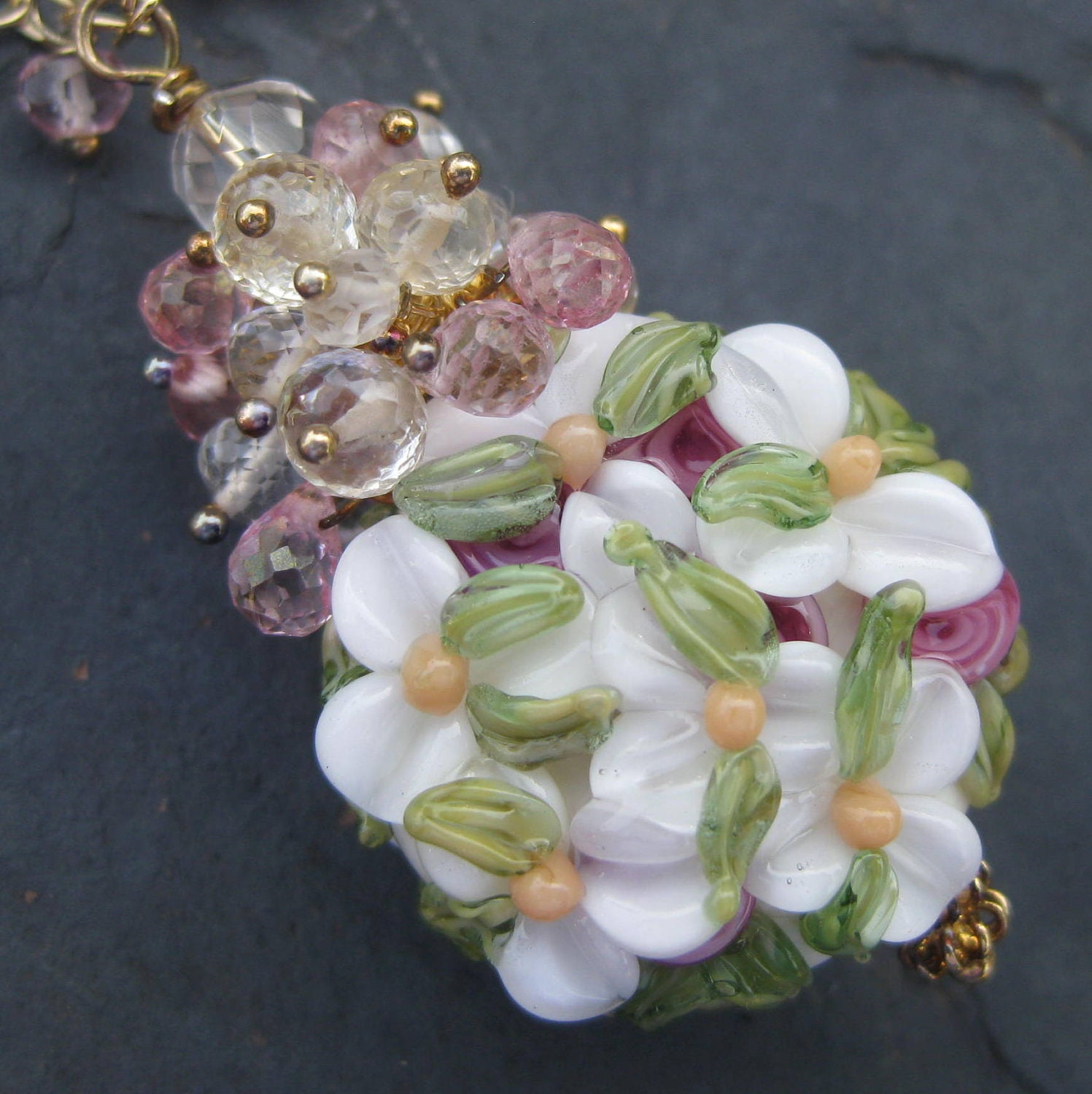Lampwork bead necklace, pink quartz, scapolite, 14k gold fill, mermaid bride garden party gemstone jewelry flower --Lavinia--
