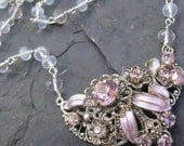 Periwinkle holly chalcedony necklace with vintage rhinestone focal filigree pink amethyst lavender gemstone jewelry mermaid style -Larkspur-