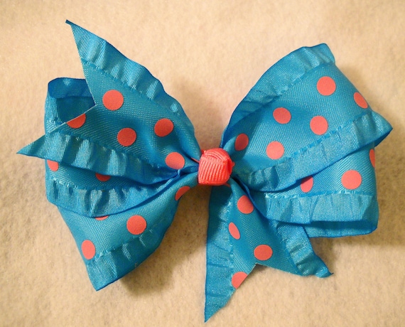 Aqua and Pink Polka Dot Ruffled Edged Hairbow