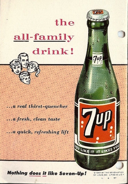 1957 Seven Up Cookbook, Fish, Ham, 7-Up Broncos, Baked Beans, Angel Food Cake, Party Punch,  Handy Hints