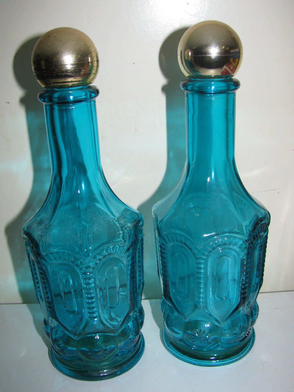 Vintage Teal Glass Avon Bottles, Perfume Bottle, Bubble Bath Glass Bottle