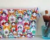 Rare Russian doll fabric cosmetic pouch zipper makeup bag european boutique