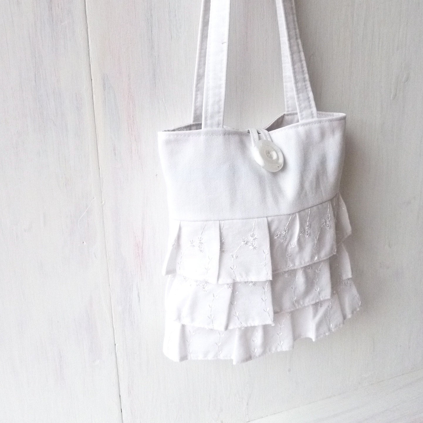 Communion Purse Girls Purses - Fabric Flower Girl First Communion Vegan Bag - White Ruffled Handbag - Small White Accessories